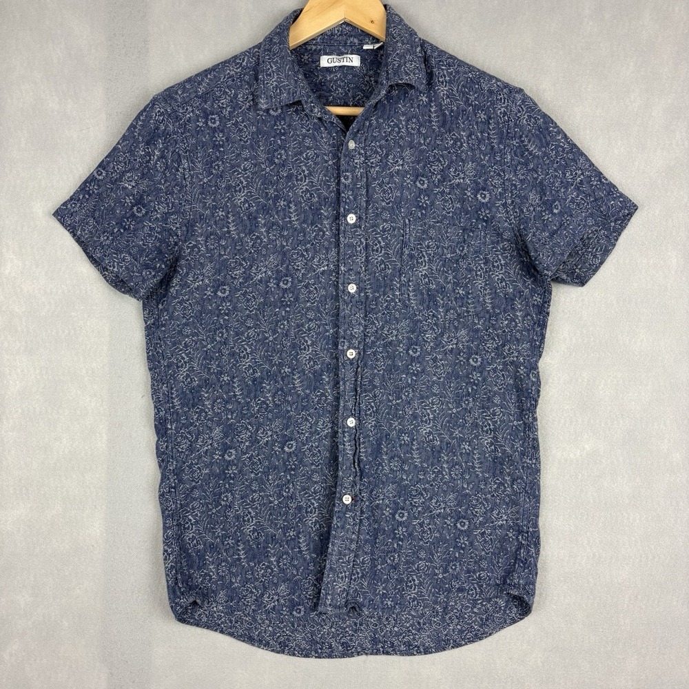 Gustin Button Up Shirt Mens Medium Blue Floral Short Sleeve Made In USA Slim Fit